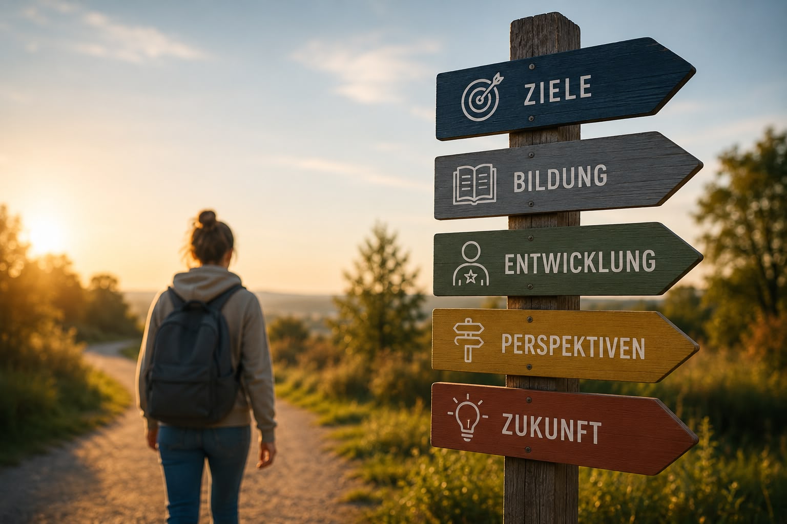 Wegweiser mit den Richtungen Ziele, Bildung, Entwicklung, Perspektiven und Zukunft